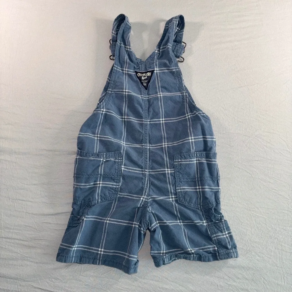 OshKosh B'gosh Toddler Boys Blue Plaid Vestbak Shorts Overalls 3T 2S607210